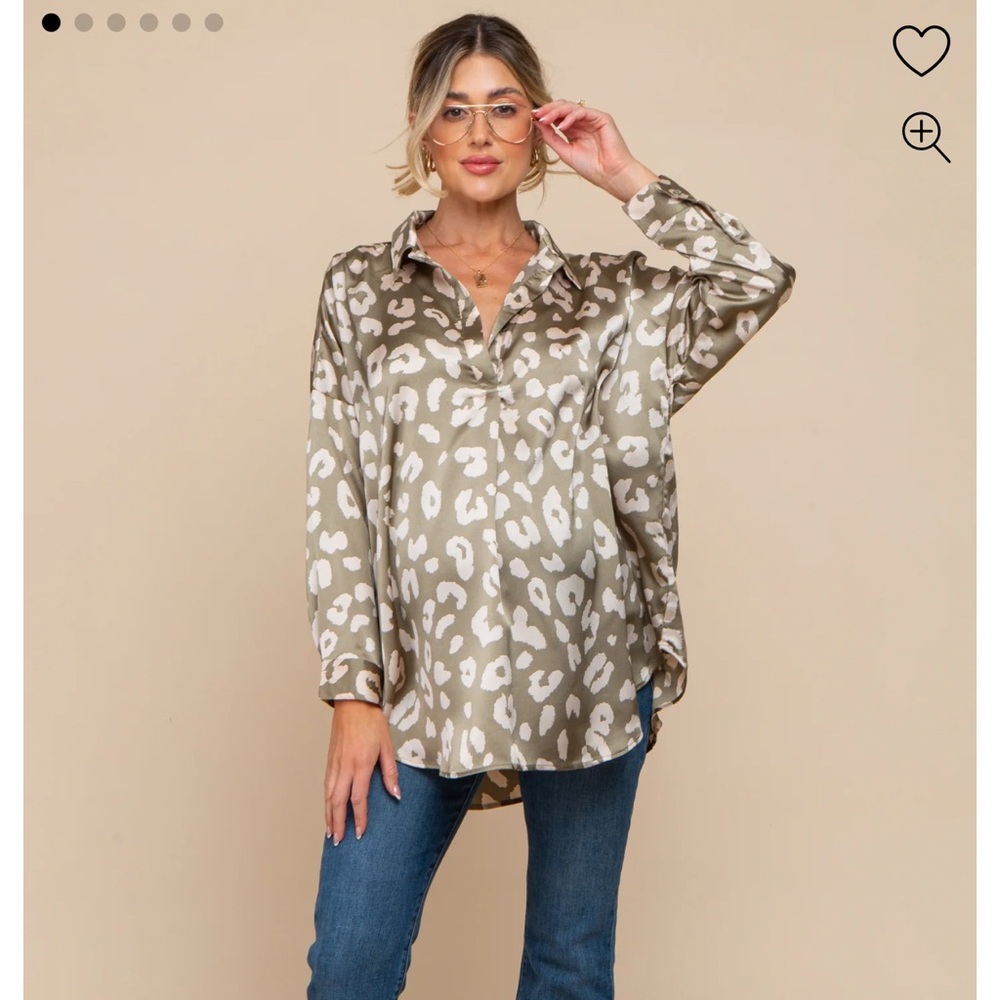PinkBlush - Light Olive Animal Print Long Sleeve Maternity Blouse